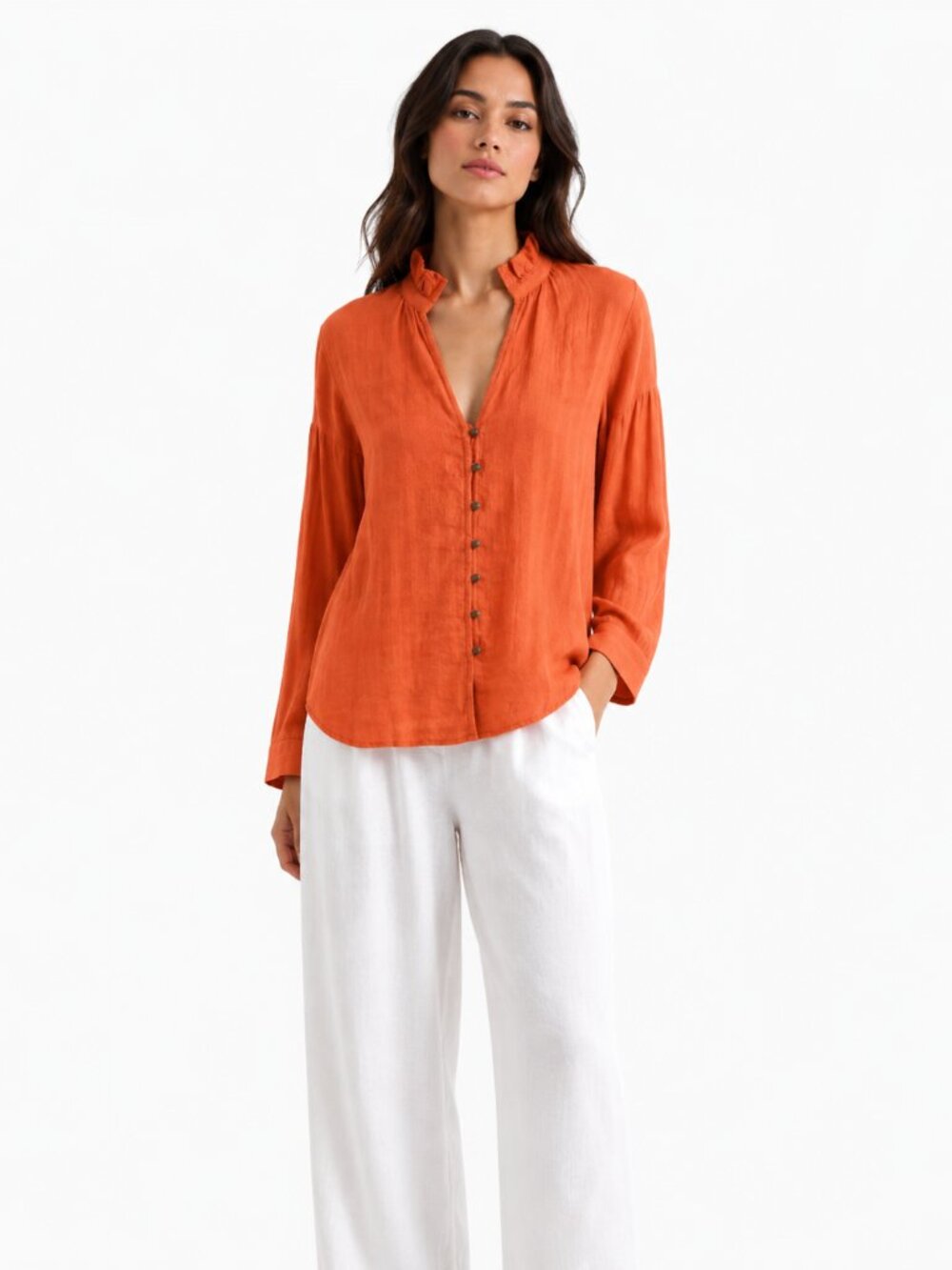NWT ANTHROPOLOGIE PILCRO ORANGE RED CHECKERED HIGH RUFFLE NECK BUTTON DOWN SHIRT